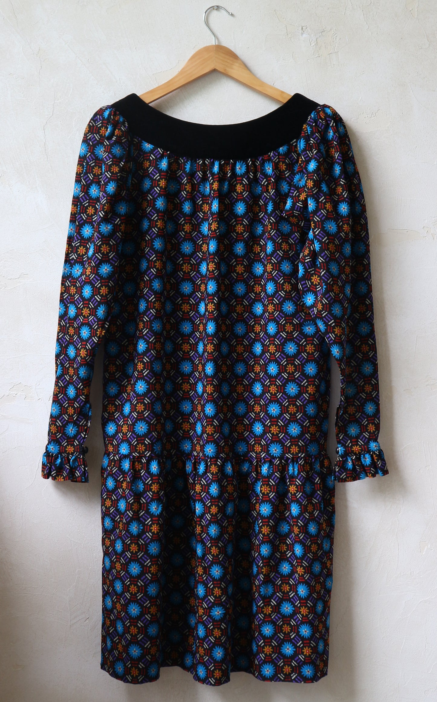 YSL Printed Wool and Velvet Smock Dress Fall 1980