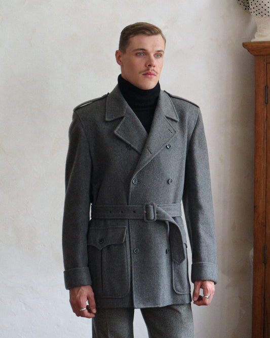 Yves Saint Laurent Men's 1980s Grey Wool belted peacoat