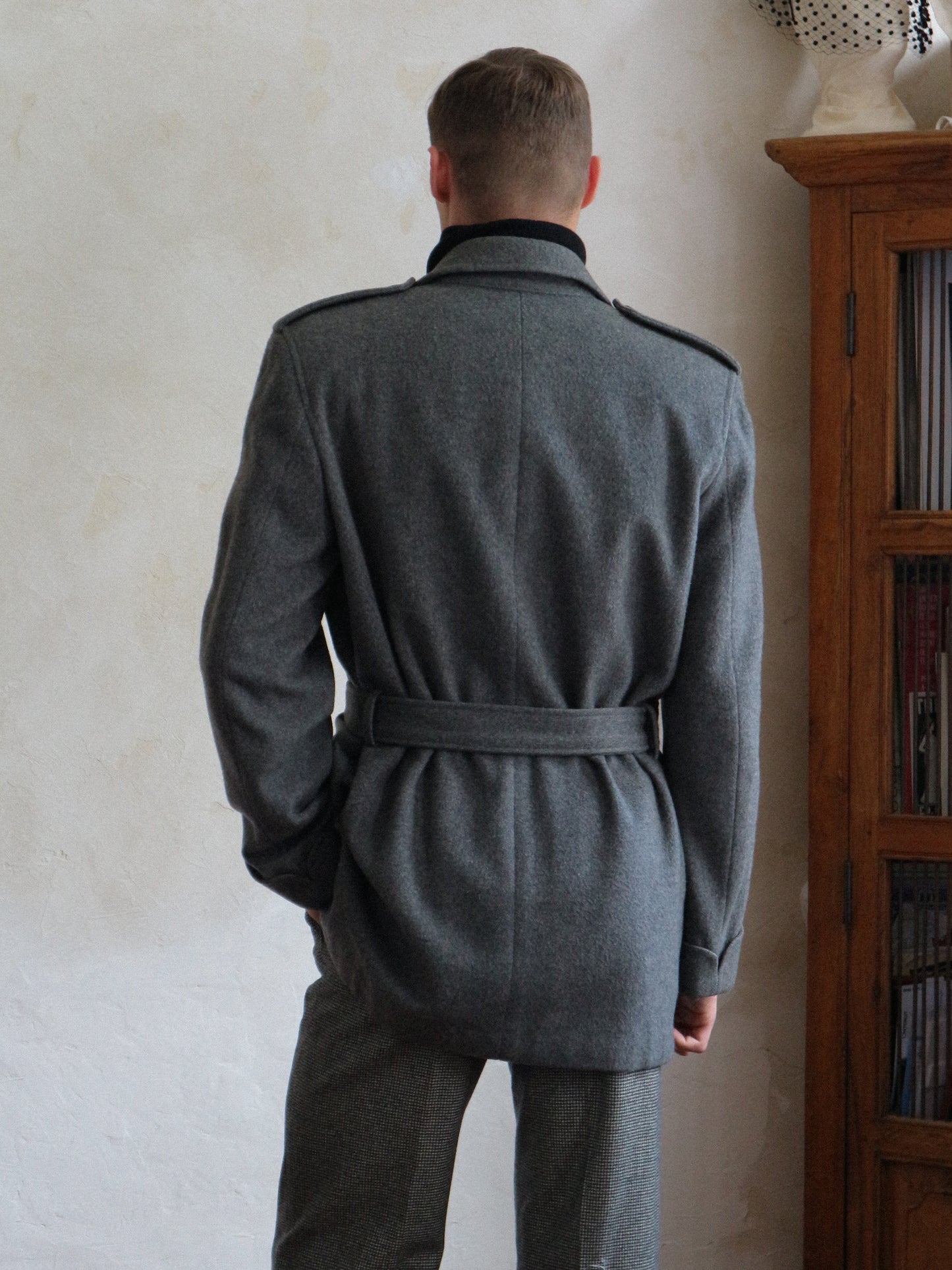 Yves Saint Laurent Men's 1980s Grey Wool belted peacoat