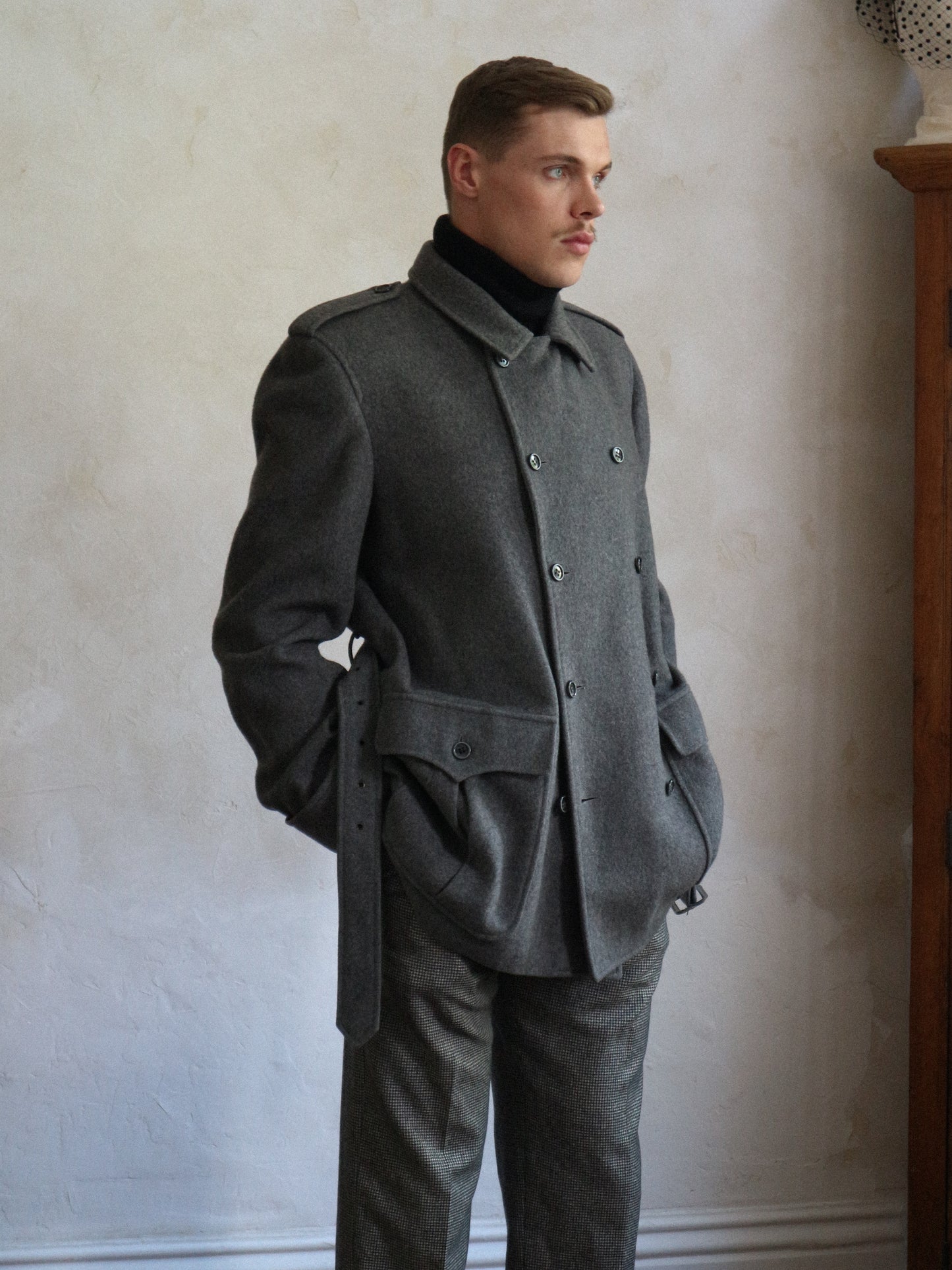 Yves Saint Laurent Men's 1980s Grey Wool belted peacoat