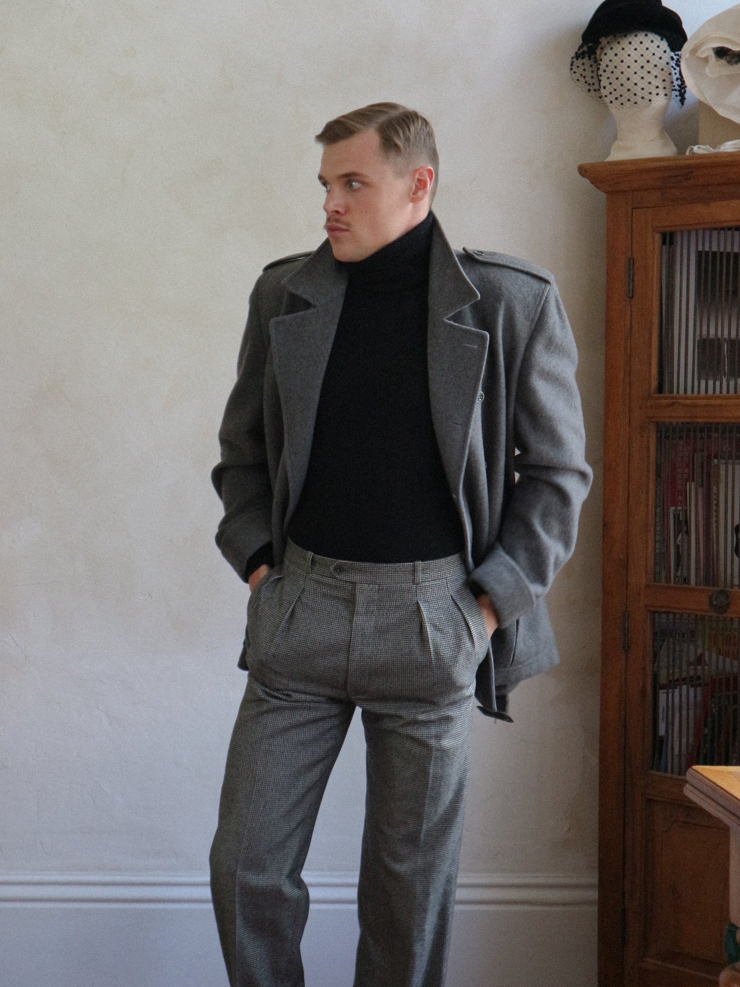 Yves Saint Laurent Men's 1980s Grey Wool belted peacoat