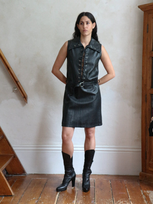 Pierre Cardin Black Leather Lace Up Dress circa 1967-1968