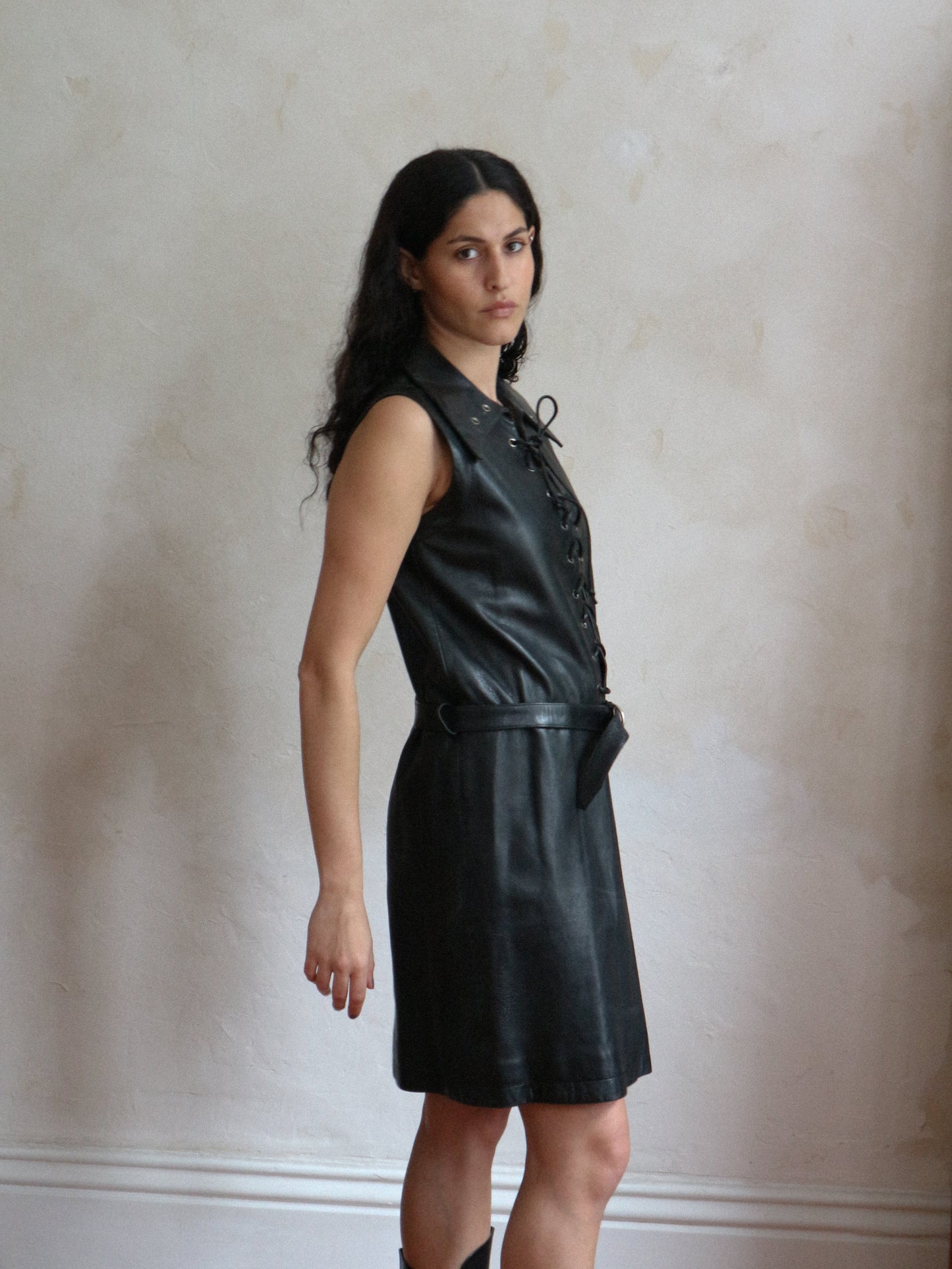 Pierre Cardin Black Leather Lace Up Dress circa 1967-1968