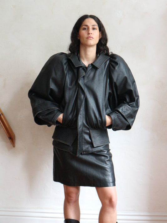 Guy Laroche 1980s Batwing Black Leather Jacket