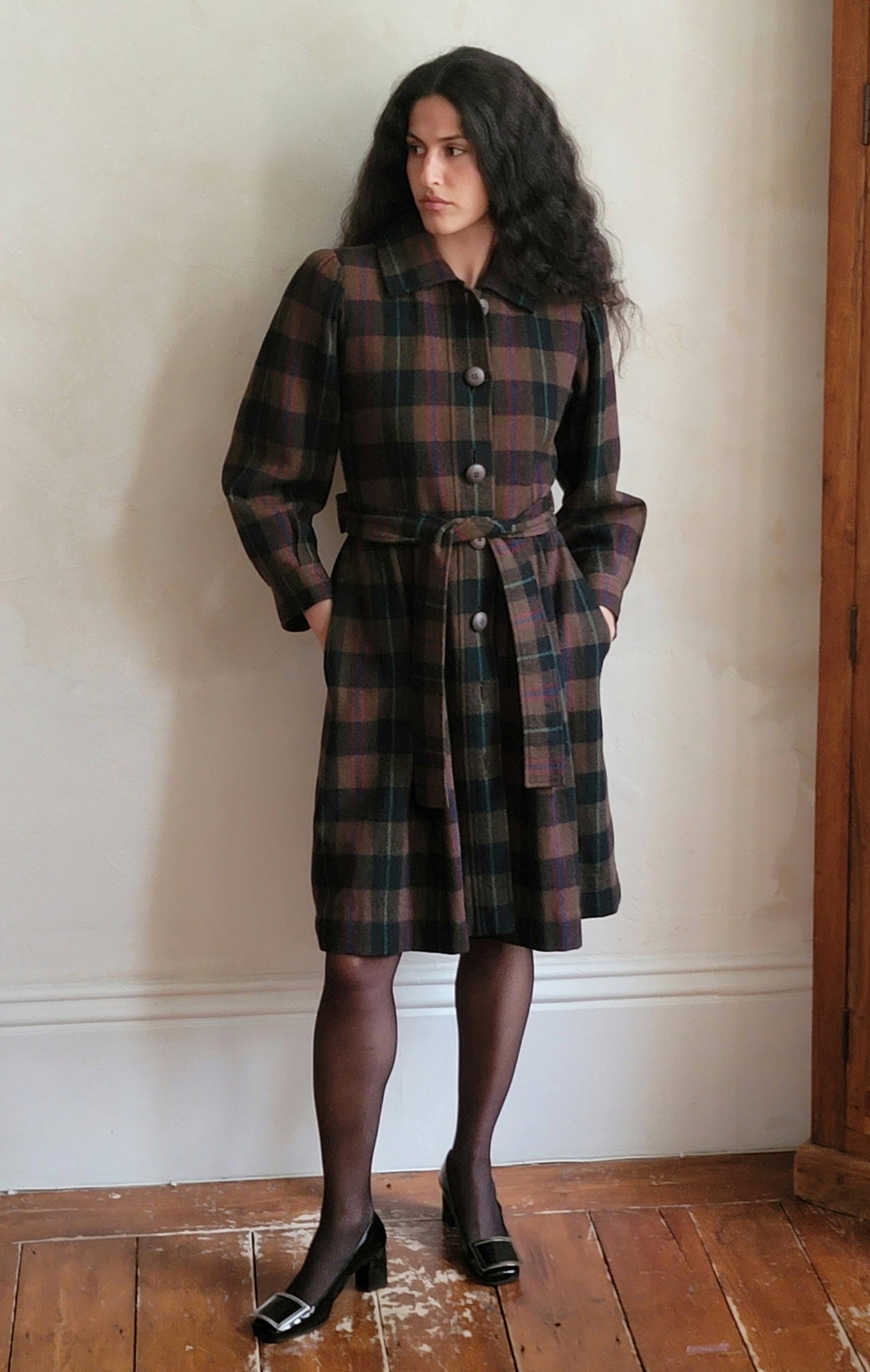 Yves Saint Laurent Rive Gauche Fall 1980 Brown Plaid Coat FR 34/36