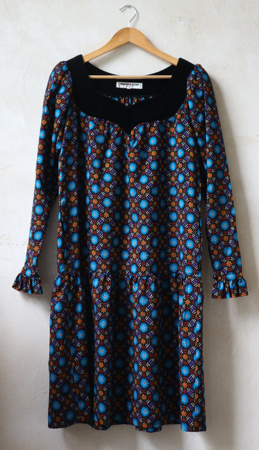 YSL Printed Wool and Velvet Smock Dress Fall 1980