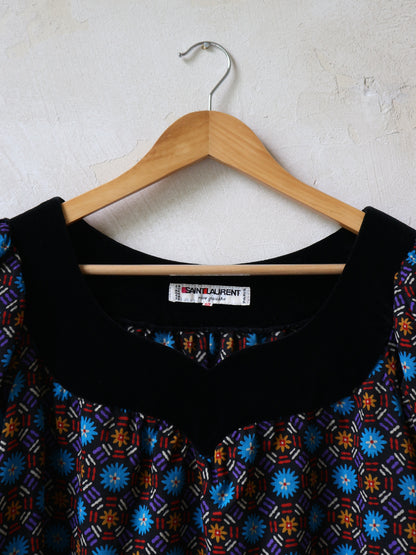 YSL Printed Wool and Velvet Smock Dress Fall 1980