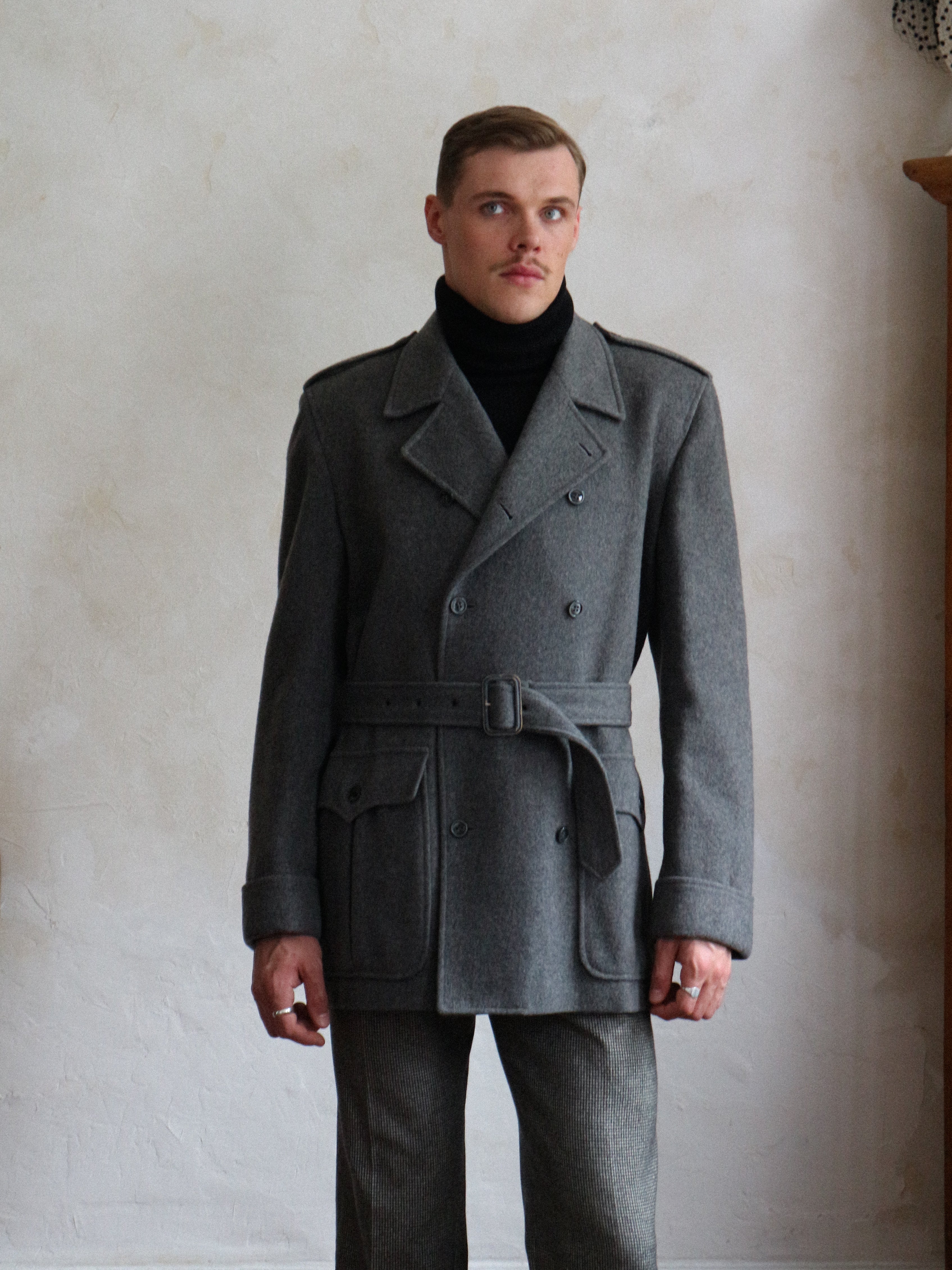 Yves Saint Laurent Men's 1980s Grey Wool belted peacoat