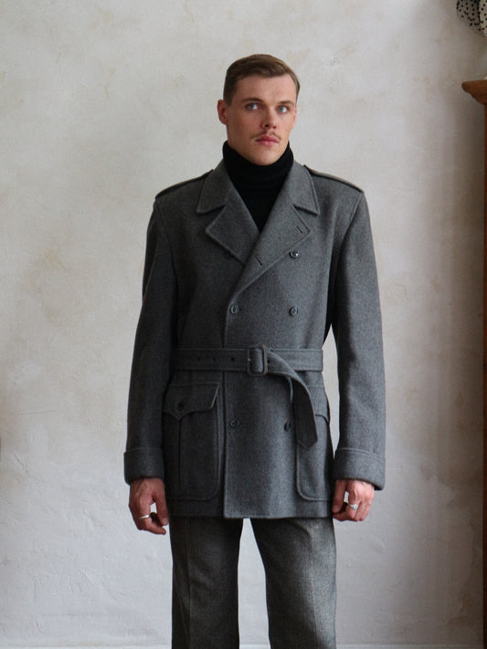 Yves Saint Laurent Men's 1980s Grey Wool belted peacoat