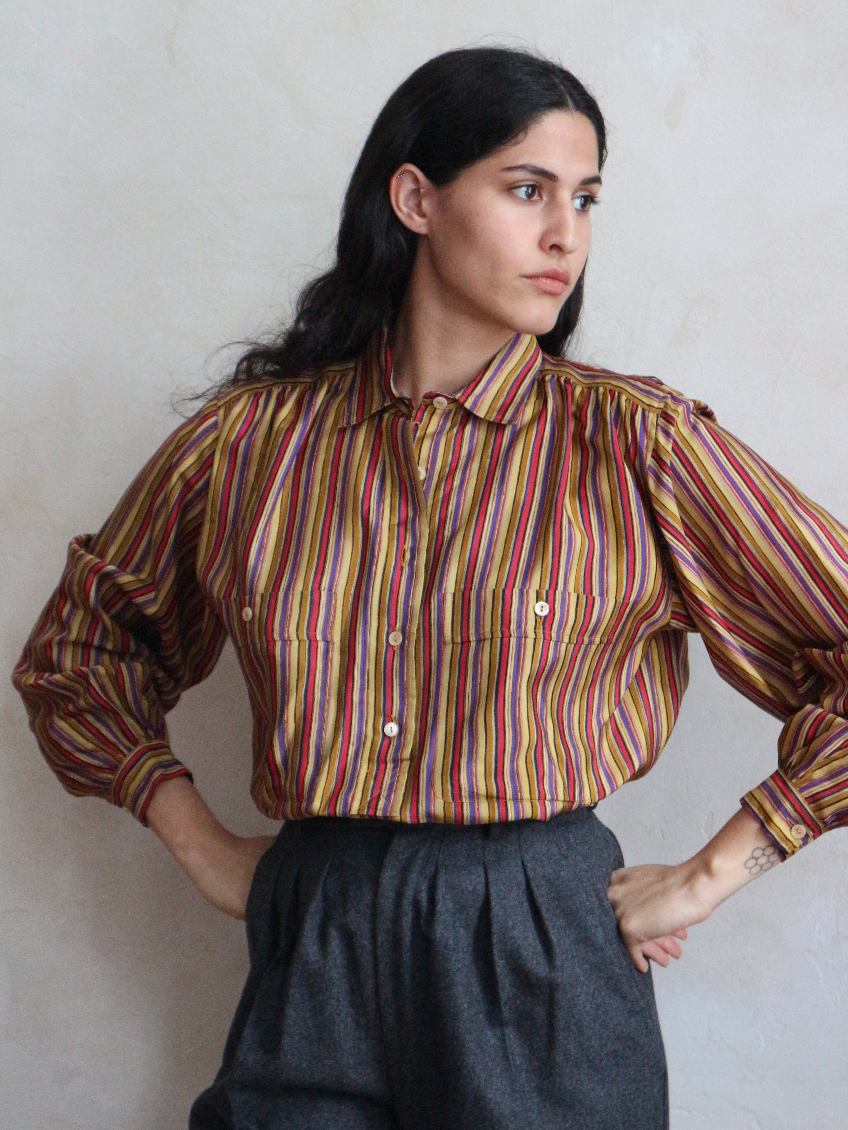 Yves Saint Laurent Spring 1978 Striped Multicolor Silk Shirt
