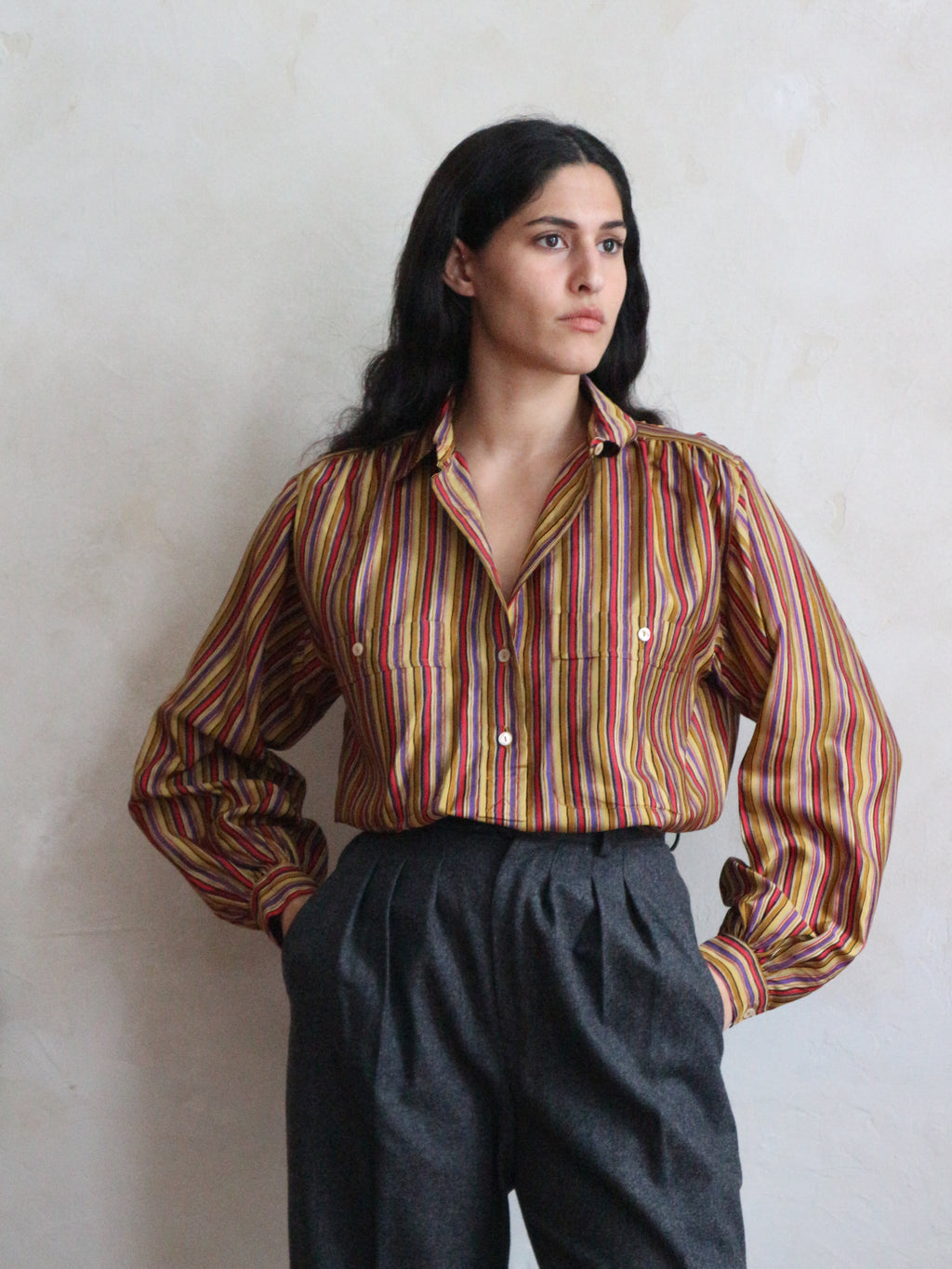 Yves Saint Laurent Spring 1978 Striped Multicolor Silk Shirt