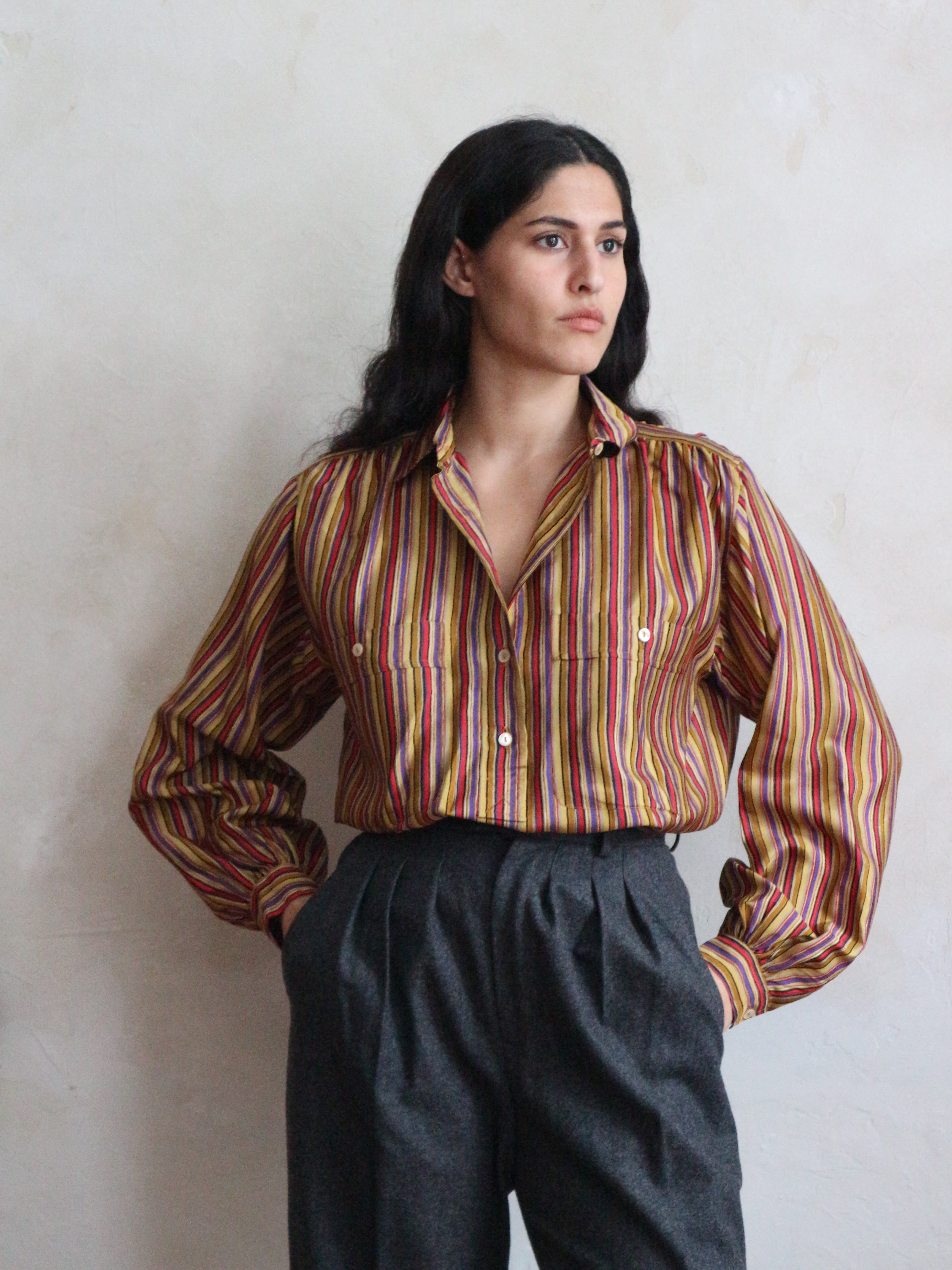 Yves Saint Laurent Spring 1978 Striped Multicolor Silk Shirt