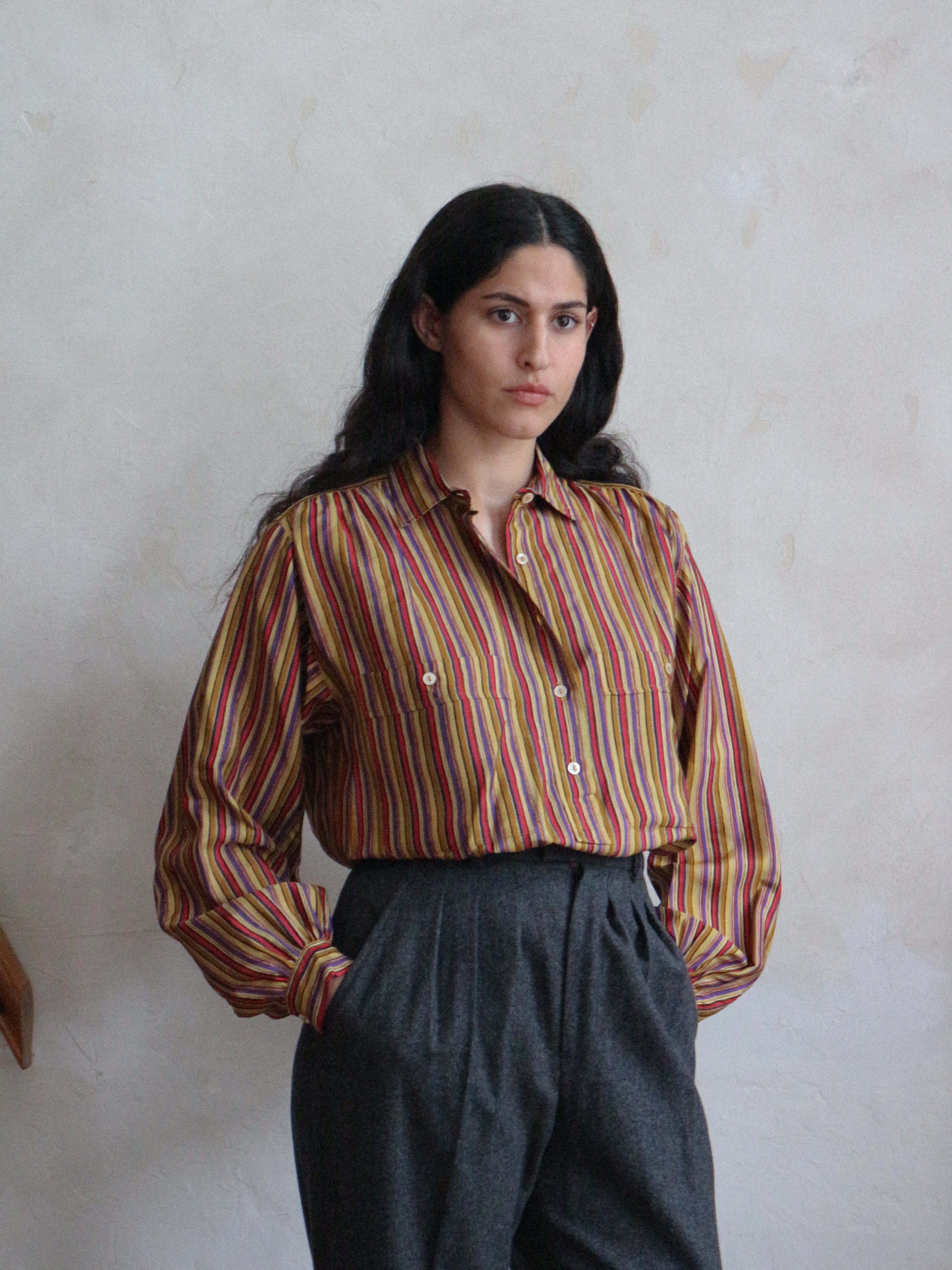 Yves Saint Laurent Spring 1978 Striped Multicolor Silk Shirt