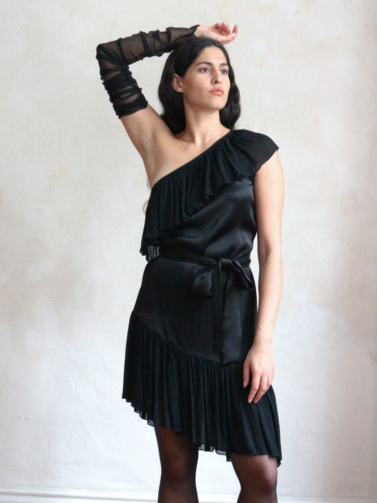 Yves Saint Laurent Spring 1980 Black Off Shoulder Cocktail Dress