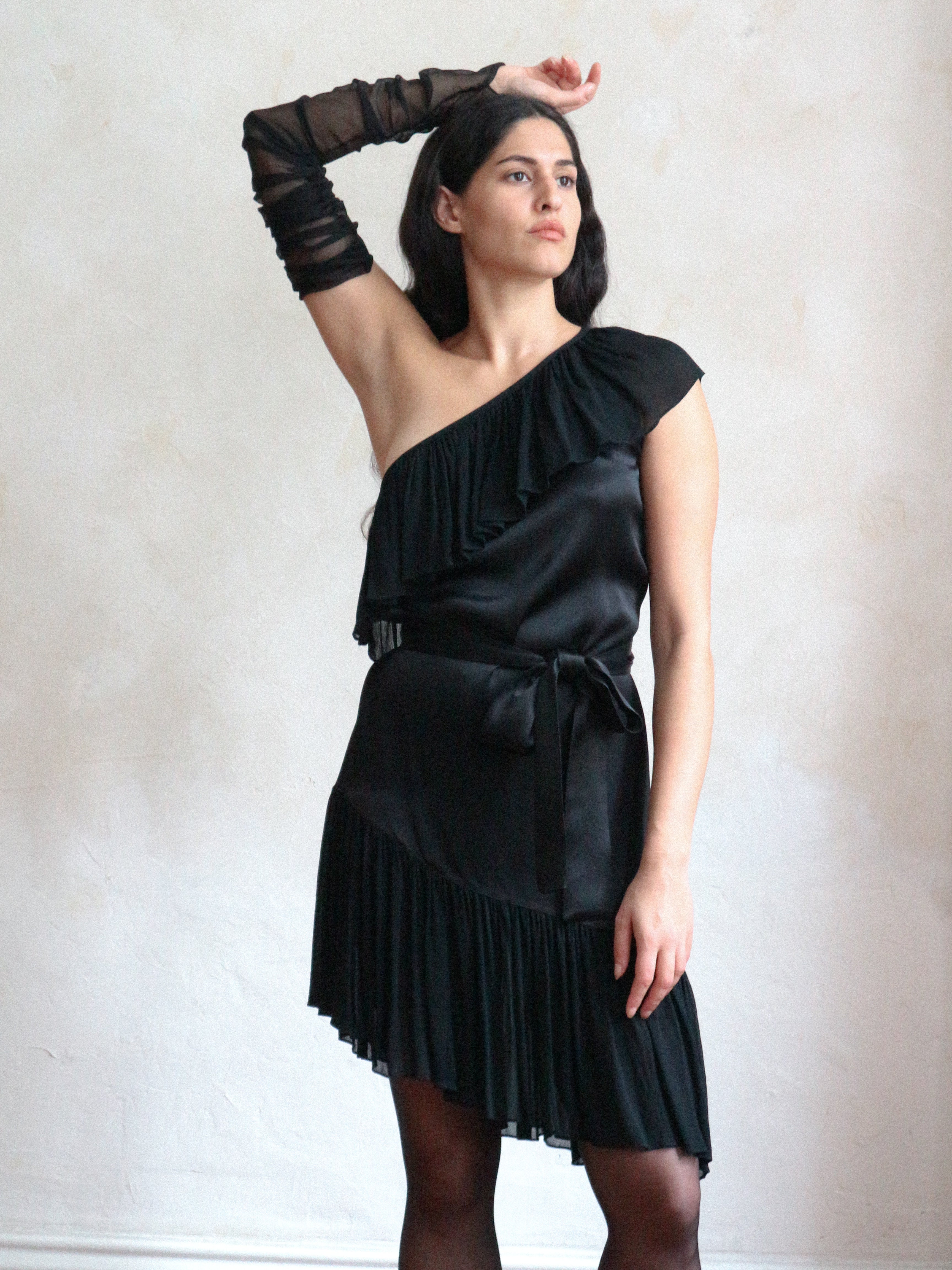 Yves Saint Laurent Spring 1980 Black Off Shoulder Cocktail Dress