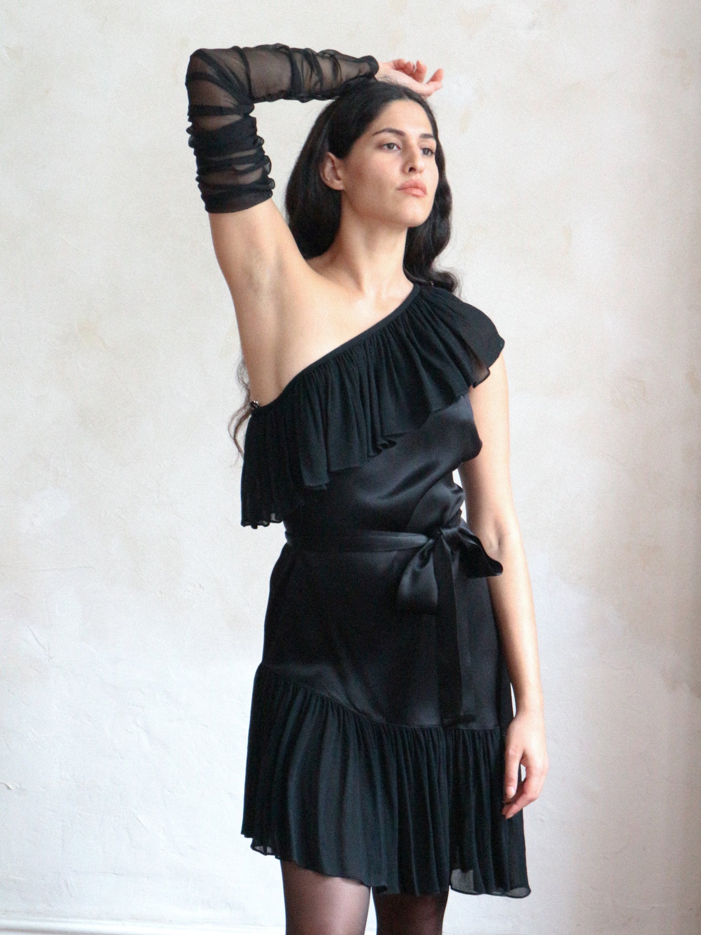 Yves Saint Laurent Spring 1980 Black Off Shoulder Cocktail Dress