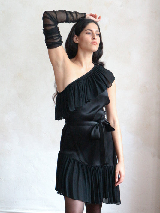 Yves Saint Laurent Spring 1980 Black Off Shoulder Cocktail Dress