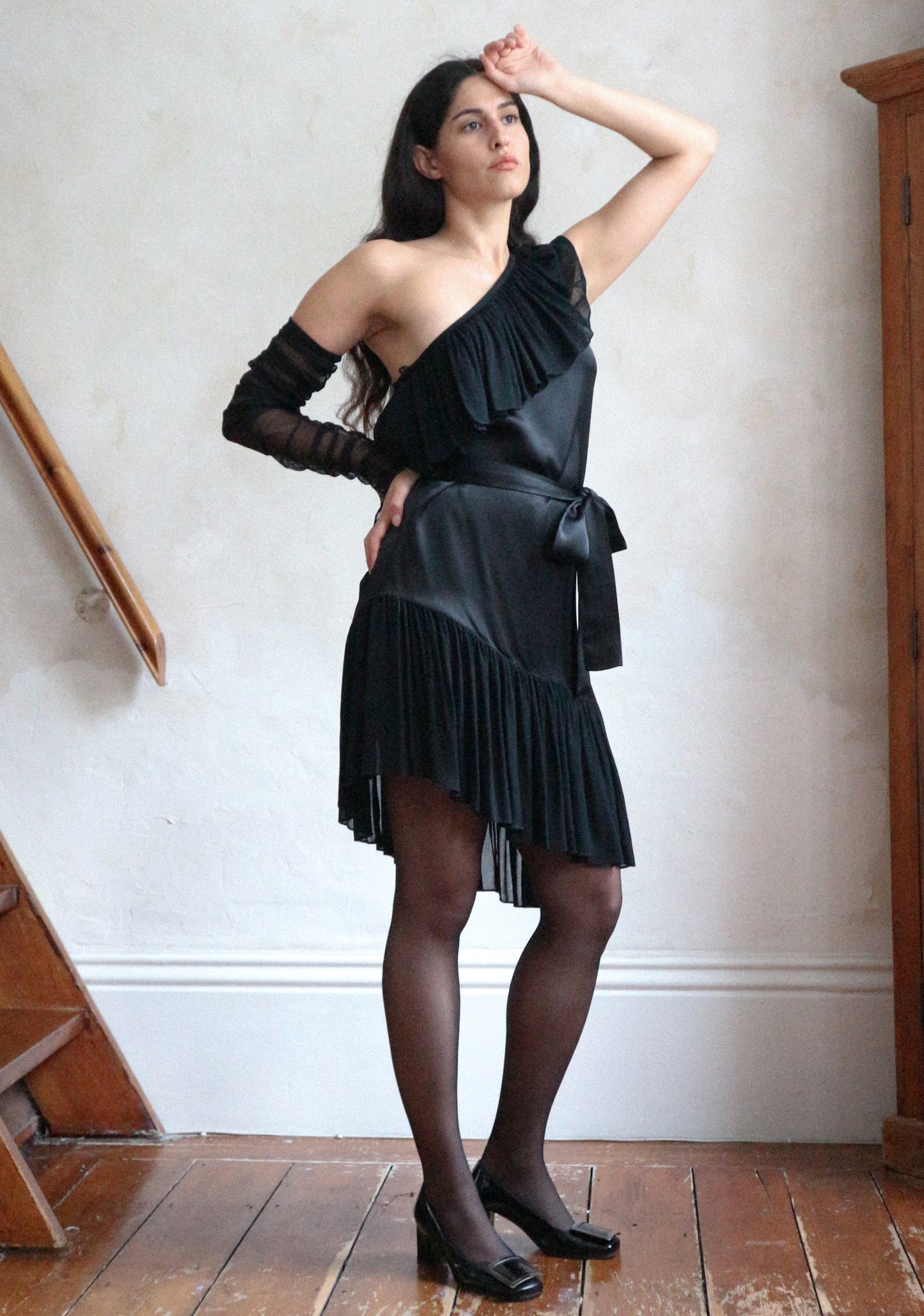 Yves Saint Laurent Spring 1980 Black Off Shoulder Cocktail Dress