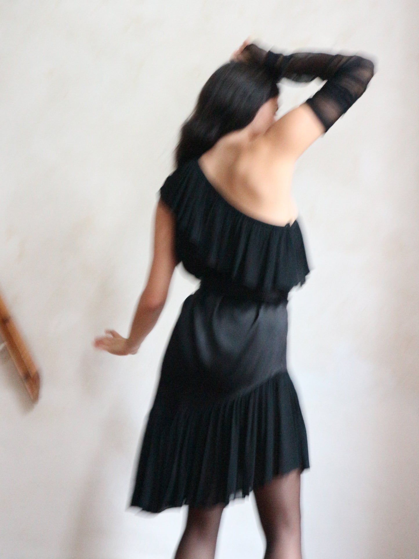 Yves Saint Laurent Spring 1980 Black Off Shoulder Cocktail Dress