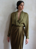 Yves Saint Laurent Gold Green Draped Satin Skirt 1989