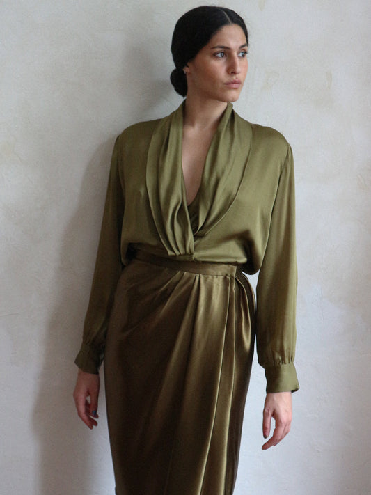 Yves Saint Laurent Gold Green Draped Satin Skirt 1989