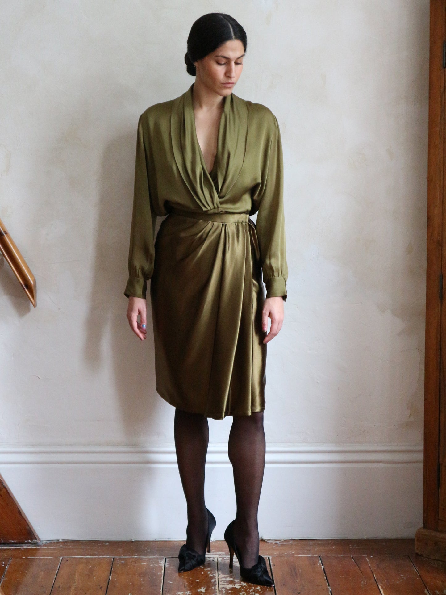 Yves Saint Laurent Gold Green Draped Satin Skirt 1989