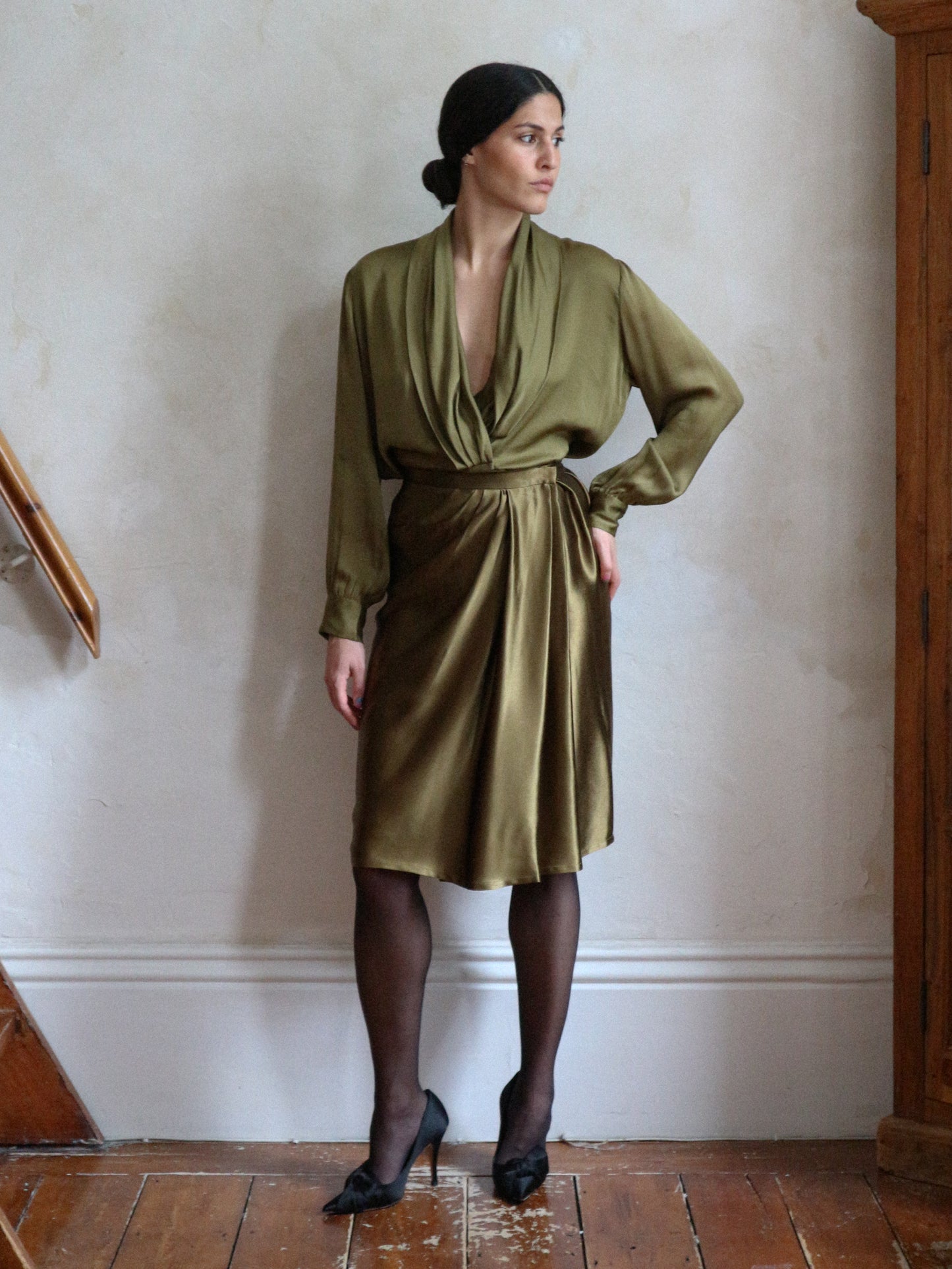 Yves Saint Laurent Gold Green Draped Satin Skirt 1989