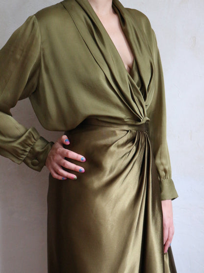 Yves Saint Laurent Gold Green Draped Satin Skirt 1989