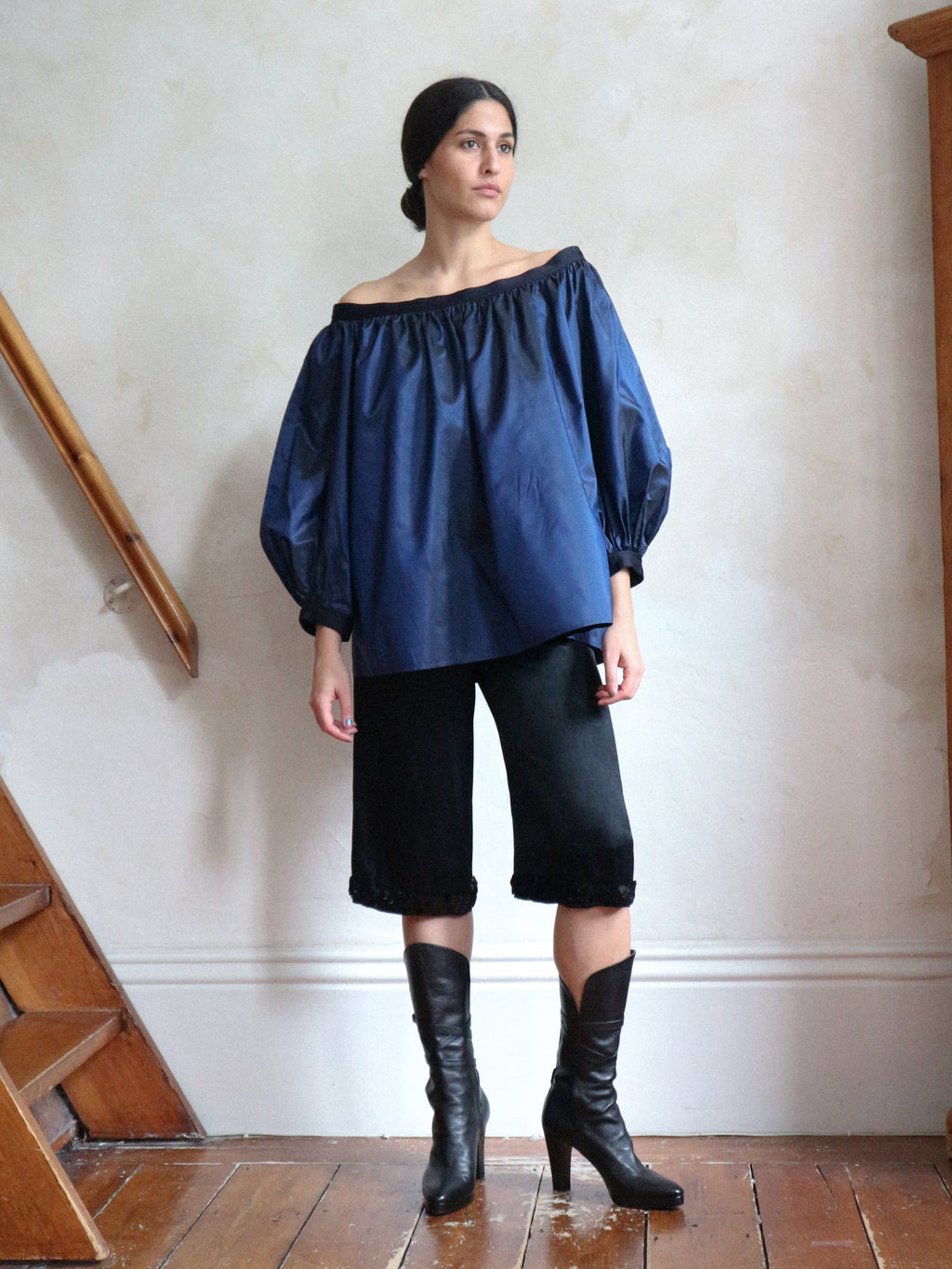 Yves Saint Laurent Blue Tafetta Silk Blouse Spring 1986