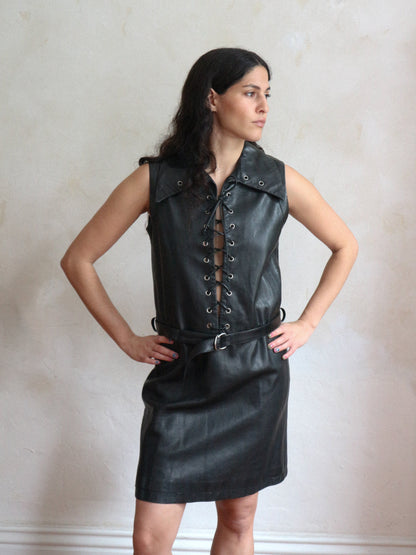Pierre Cardin Black Leather Lace Up Dress circa 1967-1968