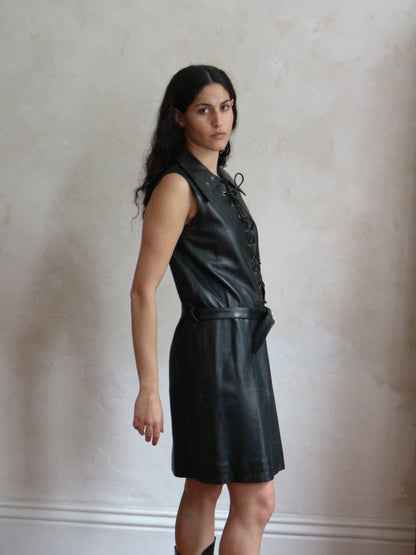 Pierre Cardin Black Leather Lace Up Dress circa 1967-1968