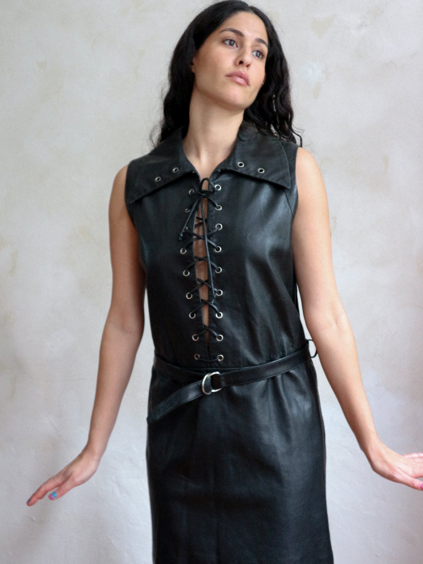 Pierre Cardin Black Leather Lace Up Dress circa 1967-1968
