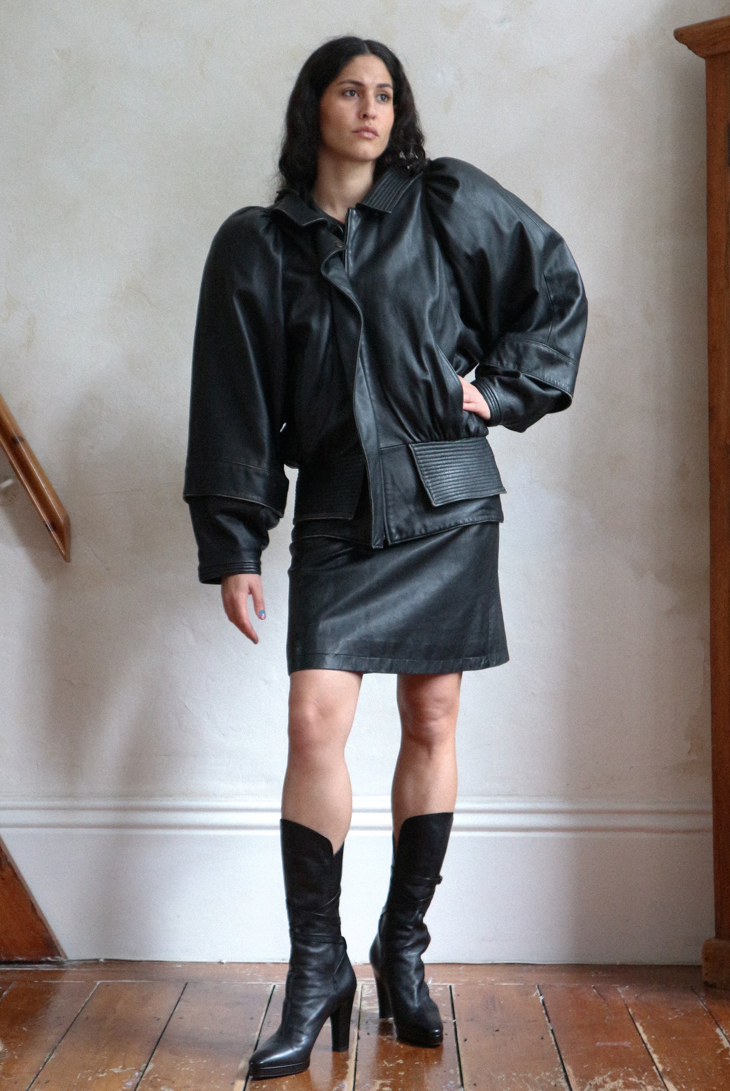 Guy Laroche 1980s Batwing Black Leather Jacket