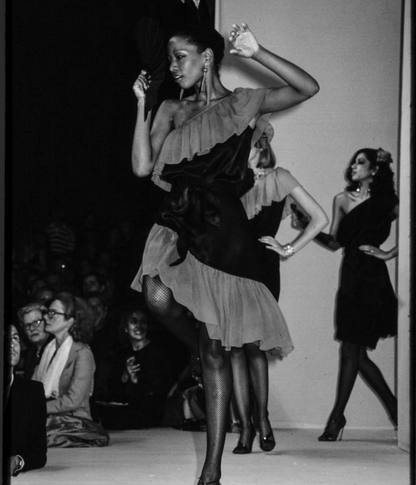 Yves Saint Laurent Spring 1980 Black Off Shoulder Cocktail Dress