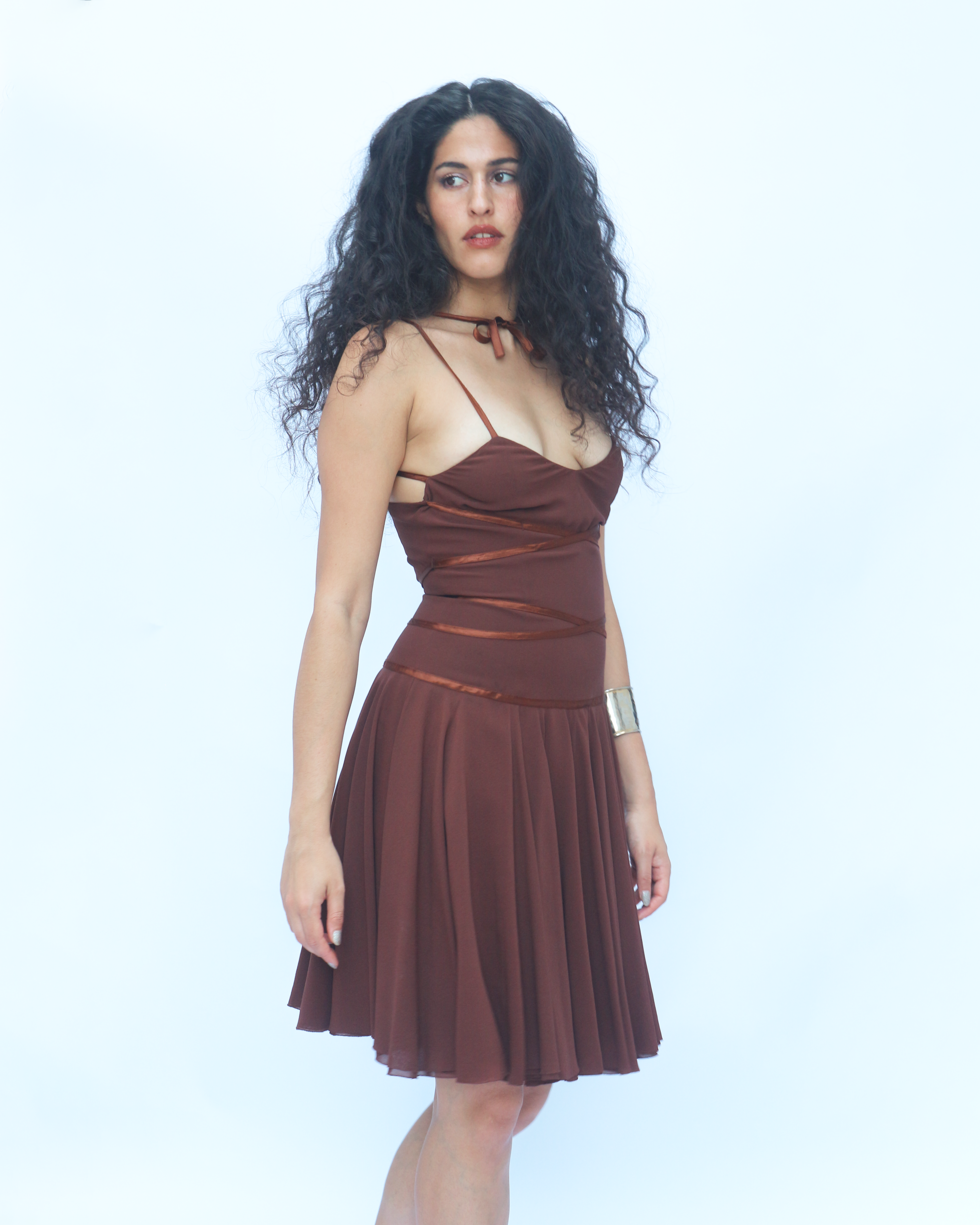 Rochas 1990s Brown Ballerina Silk Dress with Ribbons