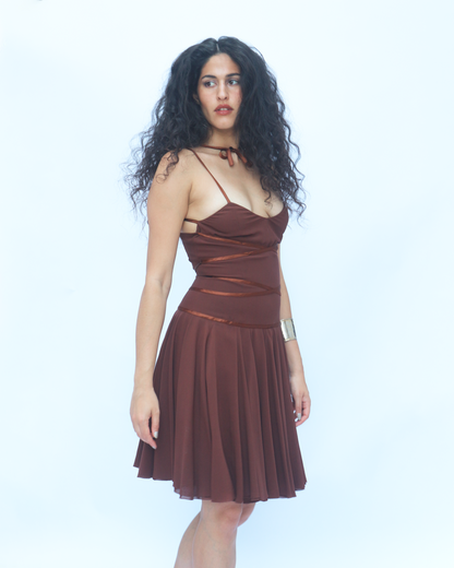 Rochas 1990s Brown Ballerina Silk Dress with Ribbons