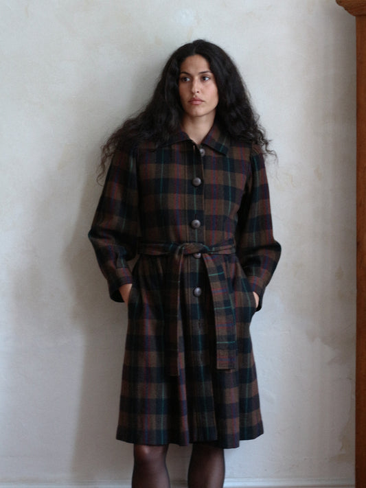 Yves Saint Laurent Rive Gauche Fall 1980 Brown Plaid Coat FR 34/36
