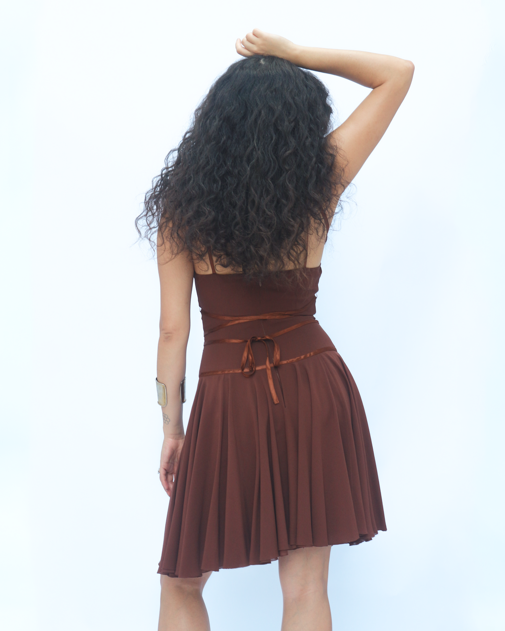 Rochas 1990s Brown Ballerina Silk Dress with Ribbons