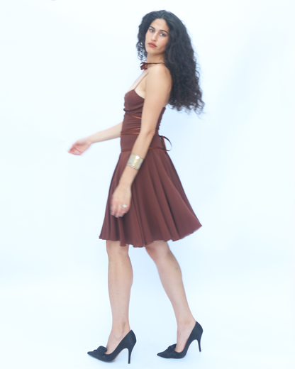 Rochas 1990s Brown Ballerina Silk Dress with Ribbons