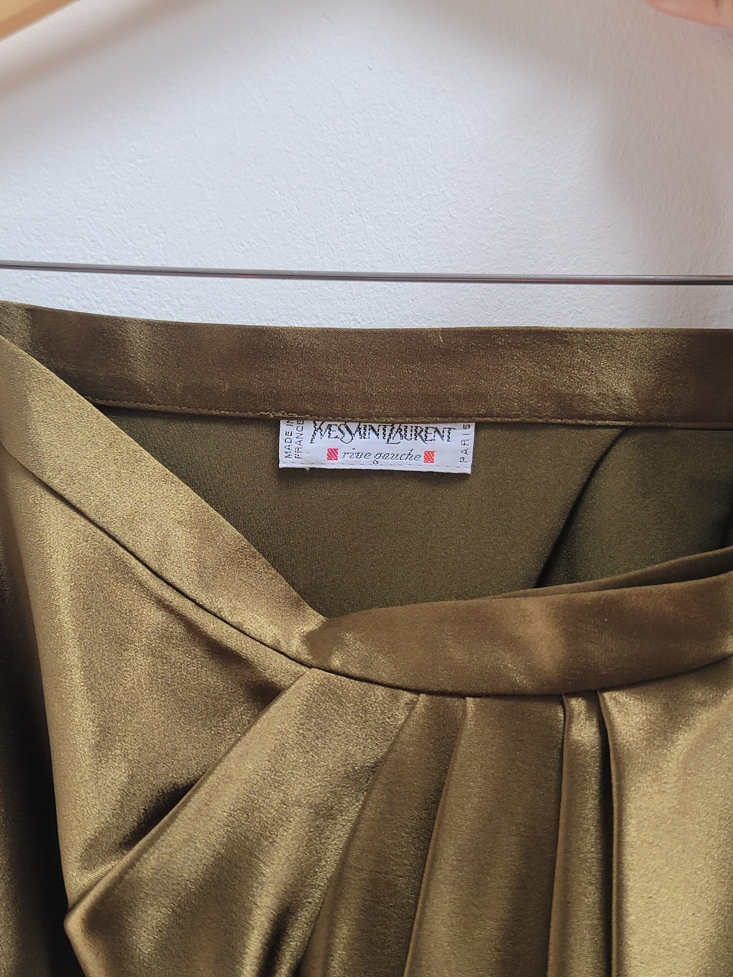 Yves Saint Laurent Gold Green Draped Satin Skirt 1989